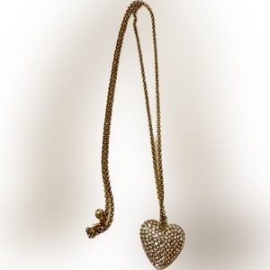 J CREW GOLD CZ PAVE PUFFED HEART ON LONG CHAIN NECKLACE VALENTINE GEMSTONE GLITZ